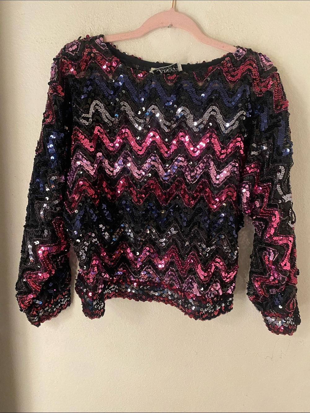 Courtney Jones  Sequin Chevron Long-Sleeve Top - Pink & Black